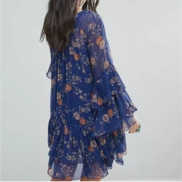 Free People Sunsetter Floral Blue Mini Dress Flowy Large - Picture 3 of 11